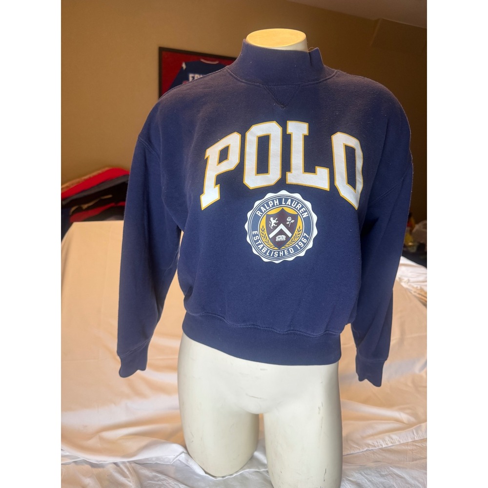 Polo Ralph Lauren Kids Navy Blue Mock Neck Varsity Crest Sweatshirt Large 12-14